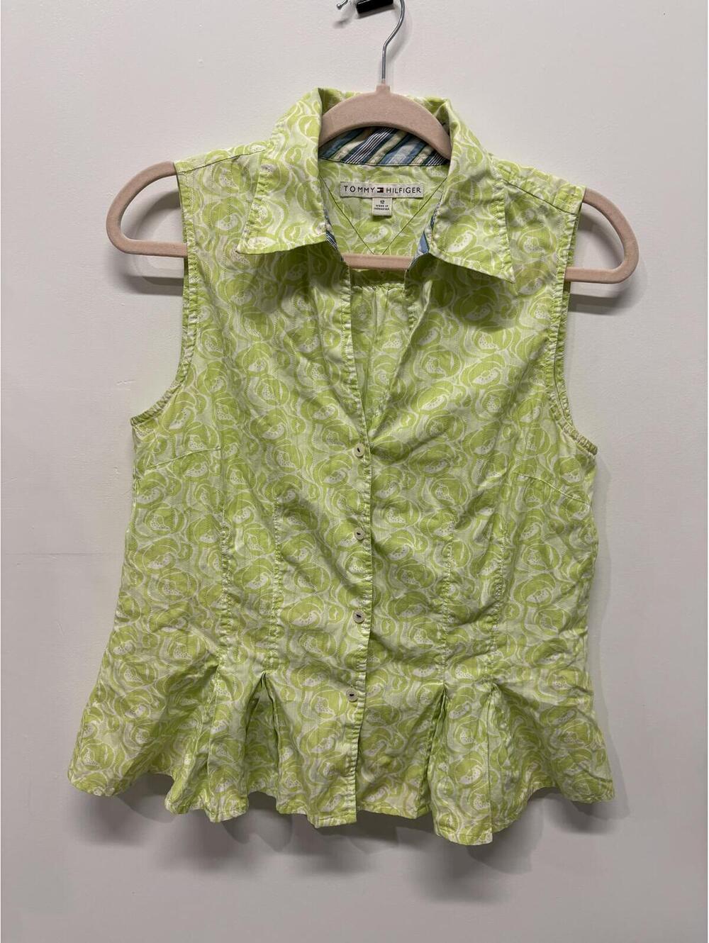Tommy Hilfiger Lime Green Paisley Sleeveless Button Front Peplum Top Size 12
